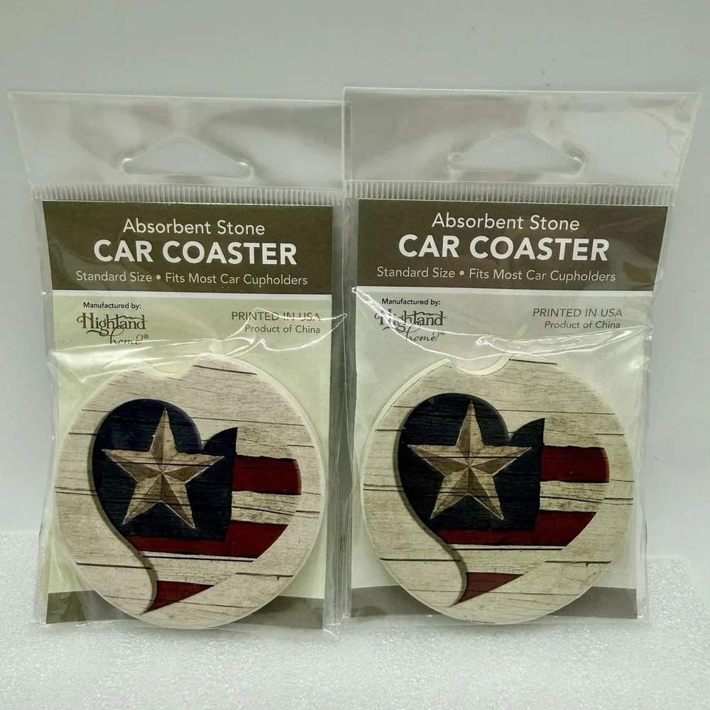Highland Home Absorbent Stone Car Coasters‎ Star & Stripes Heart  Lot of 2
